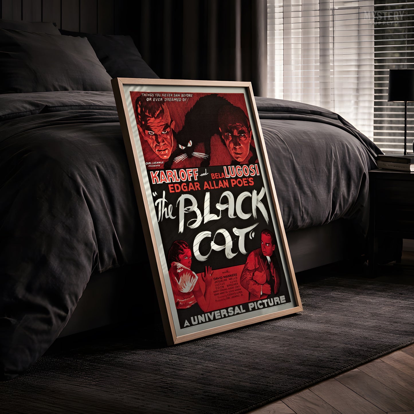 Vintage movie poster for 'The Black Cat' with classic horror imagery. From Mystery Supply Co.