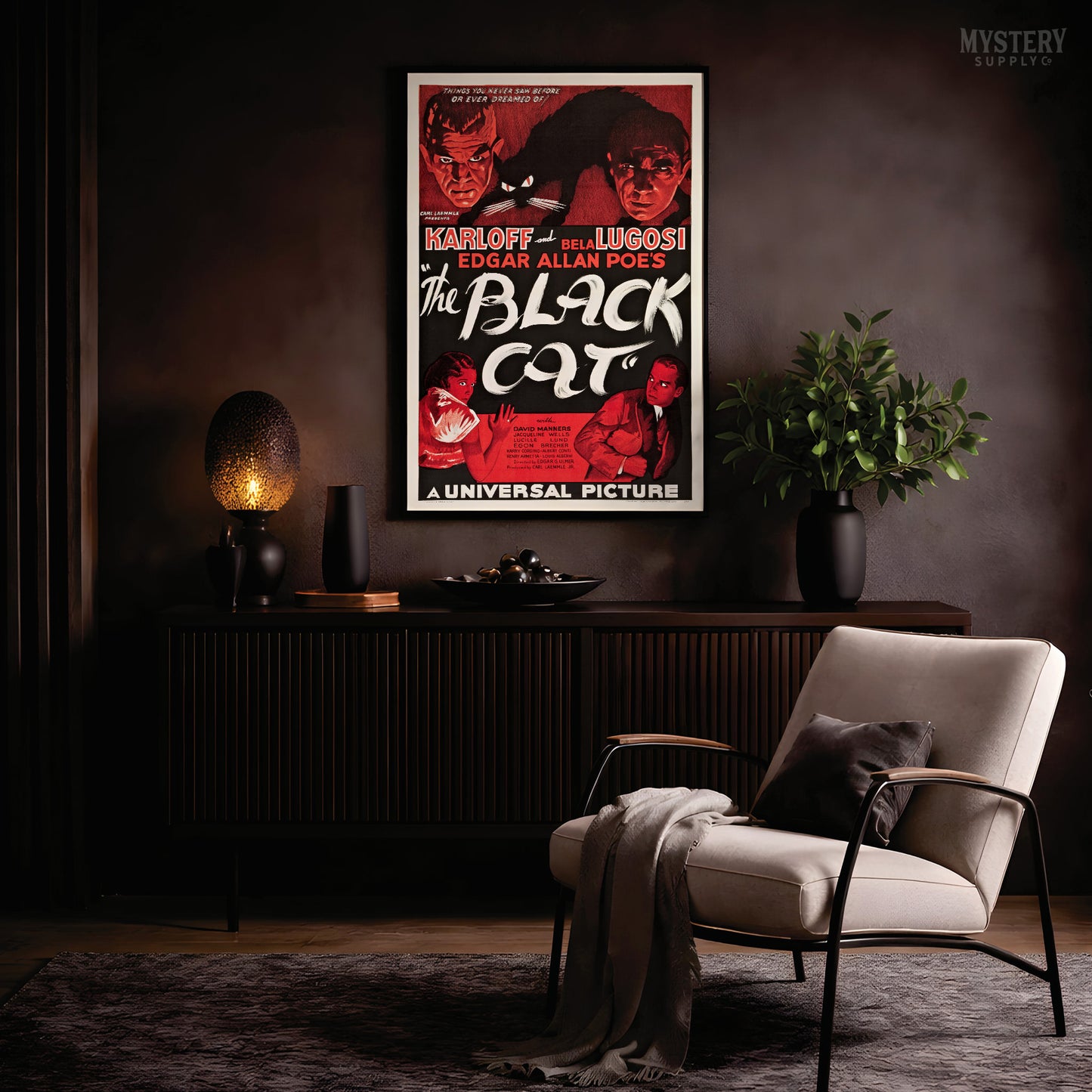 Vintage movie poster for 'The Black Cat' with classic horror imagery. From Mystery Supply Co.