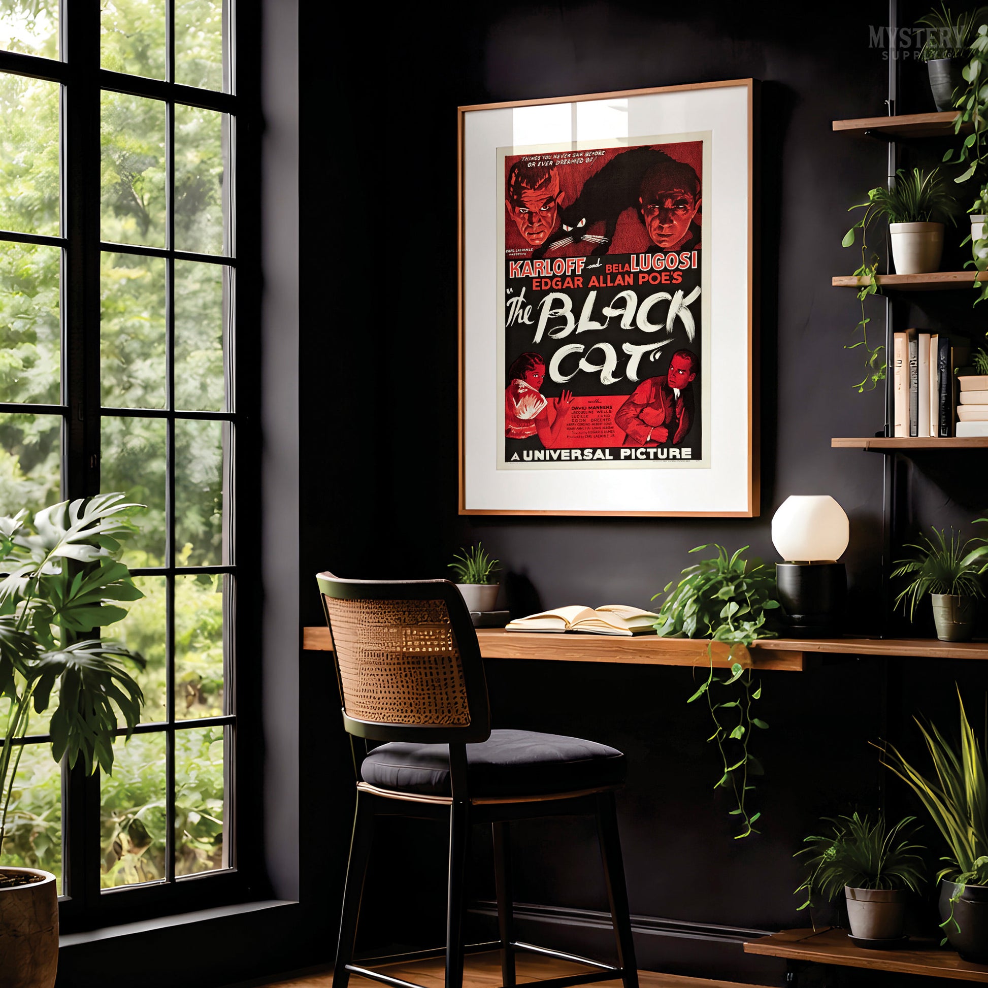 Vintage movie poster for 'The Black Cat' with classic horror imagery. From Mystery Supply Co.