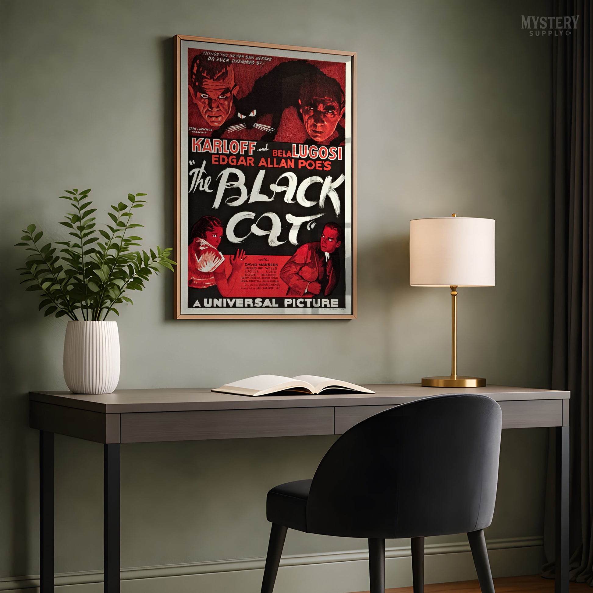 Vintage movie poster for 'The Black Cat' with classic horror imagery. From Mystery Supply Co.