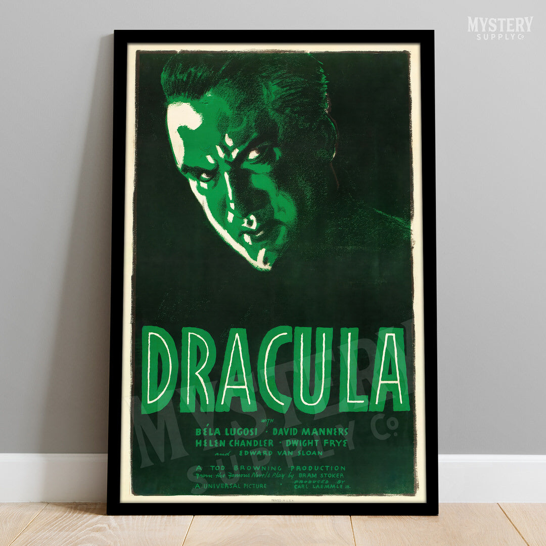 Vintage 'Dracula' movie poster with green text and a dark background, framed on a light gray wall. From Mystery Supply Co.