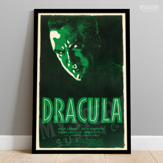 Vintage 'Dracula' movie poster with green text and a dark background, framed on a light gray wall. From Mystery Supply Co.