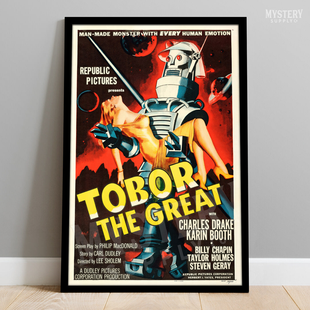 Vintage movie poster for 'Tobor the Great' with a robot and woman on a red background. From Mystery Supply Co..