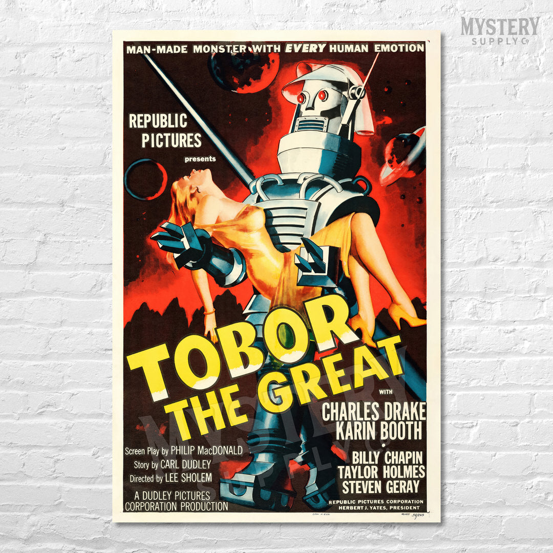 Vintage-style movie poster for 'Tobor the Great' with robot and woman on a brick wall background. From Mystery Supply Co.