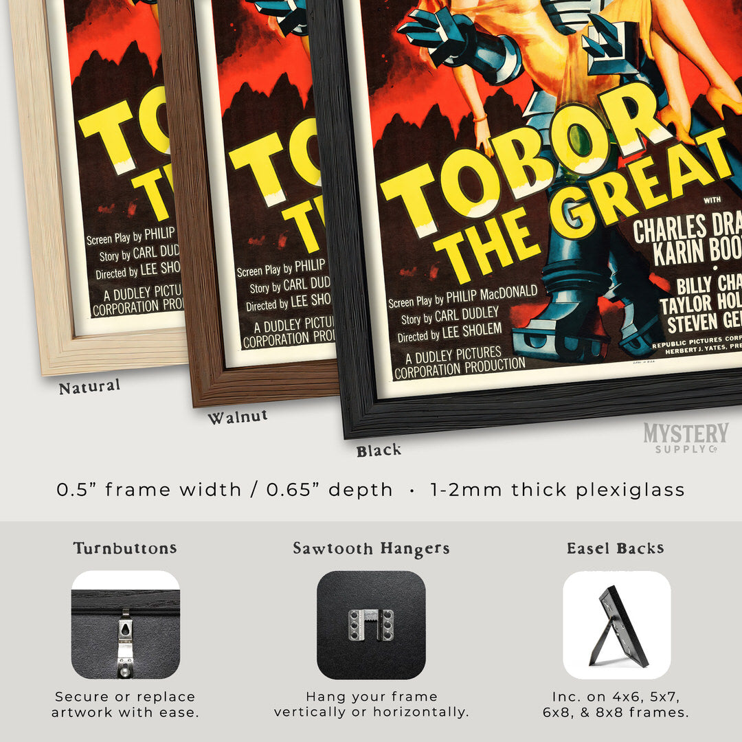Framed movie poster of 'Tobor the Great' with frame options and features displayed below. From Mystery Supply Co.