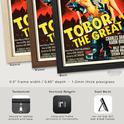 Framed movie poster of 'Tobor the Great' with frame options and features displayed below. From Mystery Supply Co.