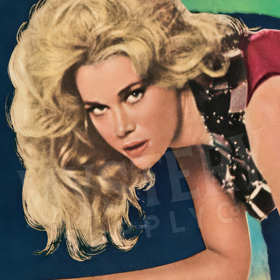 Close-up of a person with blonde hair and a colorful background. Barbarella 1968 Japanese Movie Poster wall decor art print from Mystery Supply Co. @mysterysupplyco