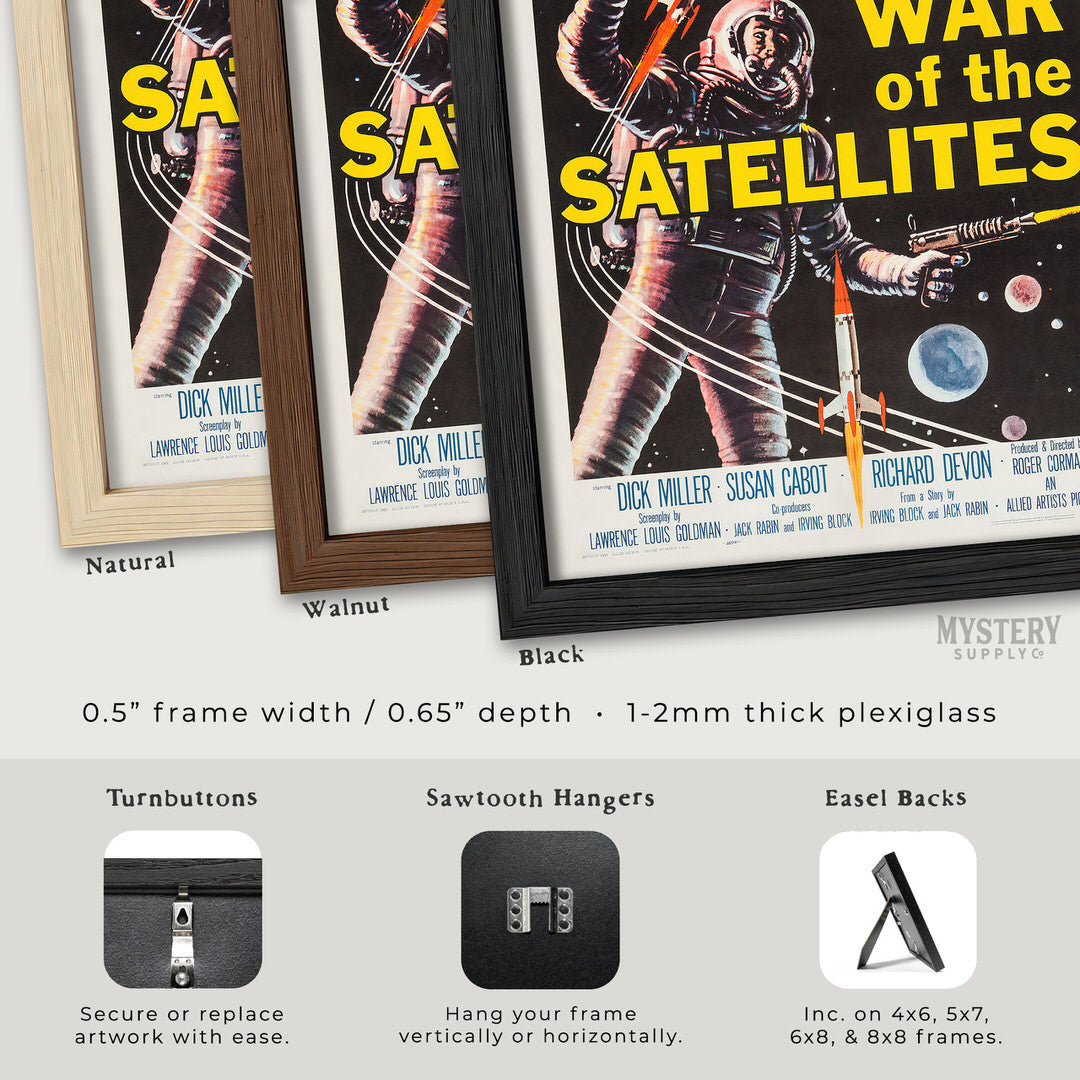 Framed posters of 'War of the Satellites' with frame options displayed. From Mystery Supply Co. @mysterysupplyco
