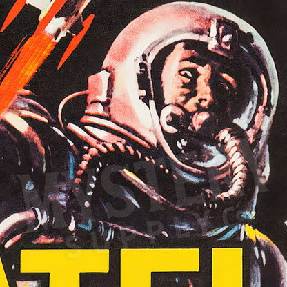 Astronaut in a space suit with a fiery background. War of the Satellites 1958 Sci-Fi Movie Poster wall decor art print from Mystery Supply Co. @mysterysupplyco
