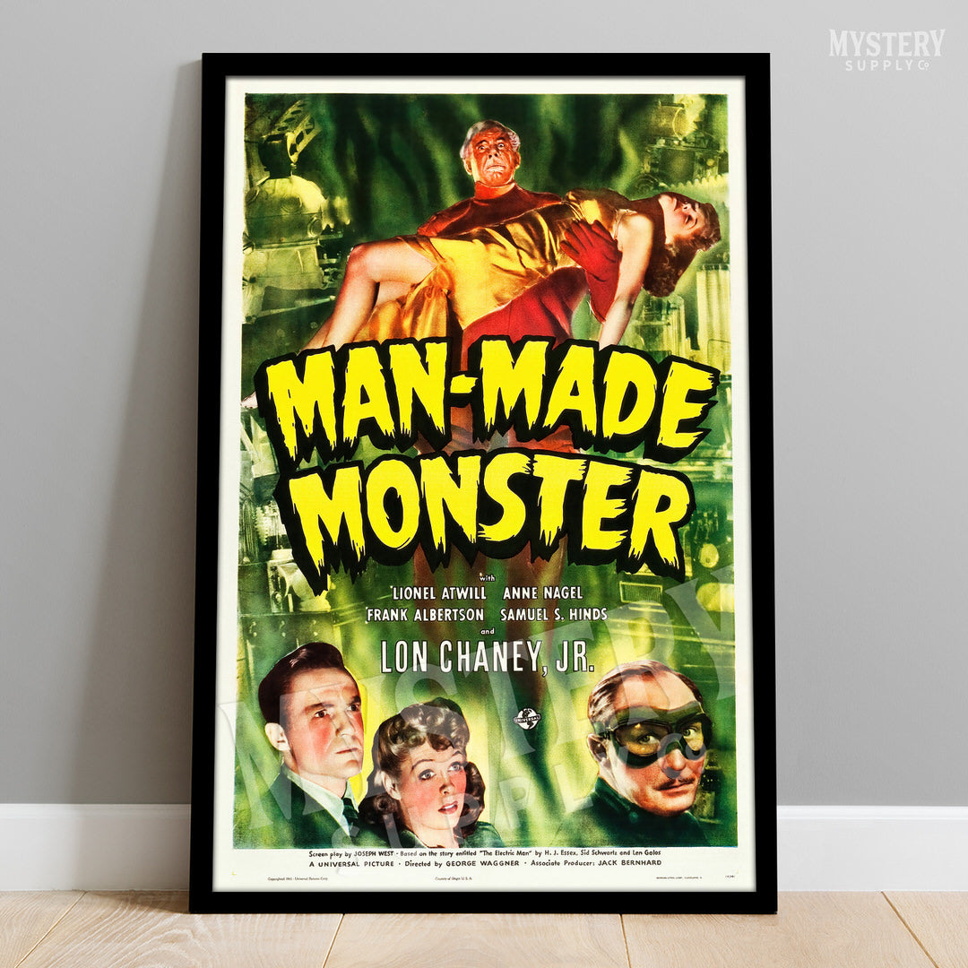 Vintage movie poster for 'Man-Made Monster' with characters and text on a gray wall. From Mystery Supply Co. @mysterysupplyco