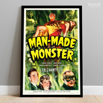 Vintage movie poster for 'Man-Made Monster' with characters and text on a gray wall. From Mystery Supply Co. @mysterysupplyco