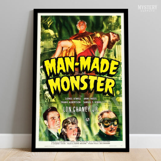 Vintage movie poster for 'Man-Made Monster' with characters and text on a gray wall. From Mystery Supply Co. @mysterysupplyco