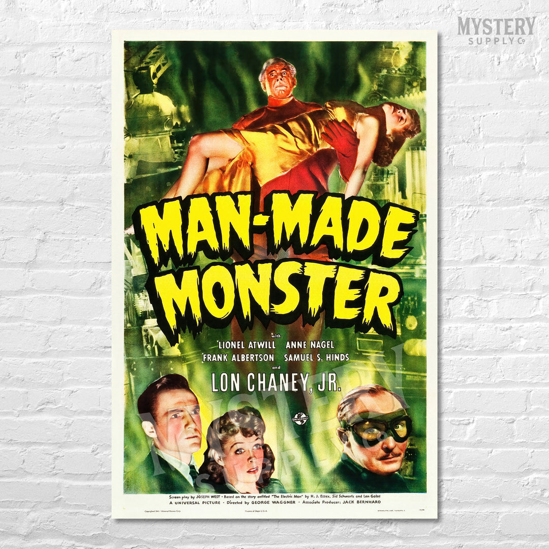 Vintage movie poster for 'Man-Made Monster' with characters and text on a white brick wall background. From Mystery Supply Co. @mysterysupplyco