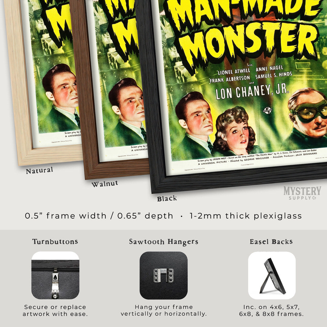 Vintage movie poster frames with different finishes on a white background. Man-Made Monster 1941 Sci-Fi Horror Movie Poster wall decor art print from Mystery Supply Co. @mysterysupplyco