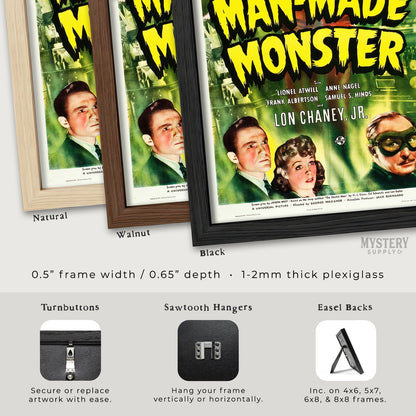 Vintage movie poster frames with different finishes on a white background. Man-Made Monster 1941 Sci-Fi Horror Movie Poster wall decor art print from Mystery Supply Co. @mysterysupplyco