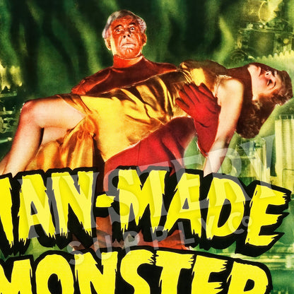 Vintage movie poster with two characters in a dramatic scene, featuring bold text. Man-Made Monster 1941 Sci-Fi Horror Movie Poster wall decor art print from Mystery Supply Co. @mysterysupplyco