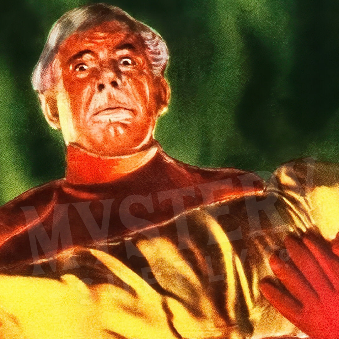 Character in a red and gold costume with a green background. Man-Made Monster 1941 Sci-Fi Horror Movie Poster wall decor art print from Mystery Supply Co. @mysterysupplyco