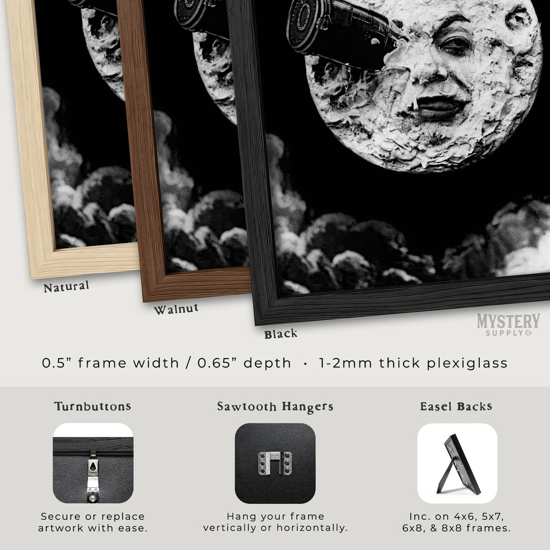 Framed artwork of a moon with a person's face, showing different frame options. A Trip to the Moon 1902 Sci-Fi Movie Art Print wall decor art print from Mystery Supply Co. @mysterysupplyco