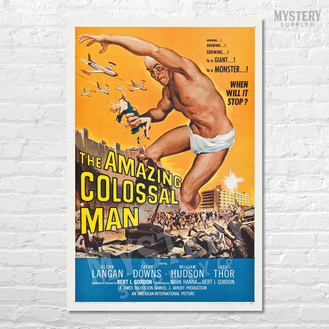 Vintage movie poster for 'The Amazing Colossal Man' on a white brick wall. From Mystery Supply Co. @mysterysupplyco