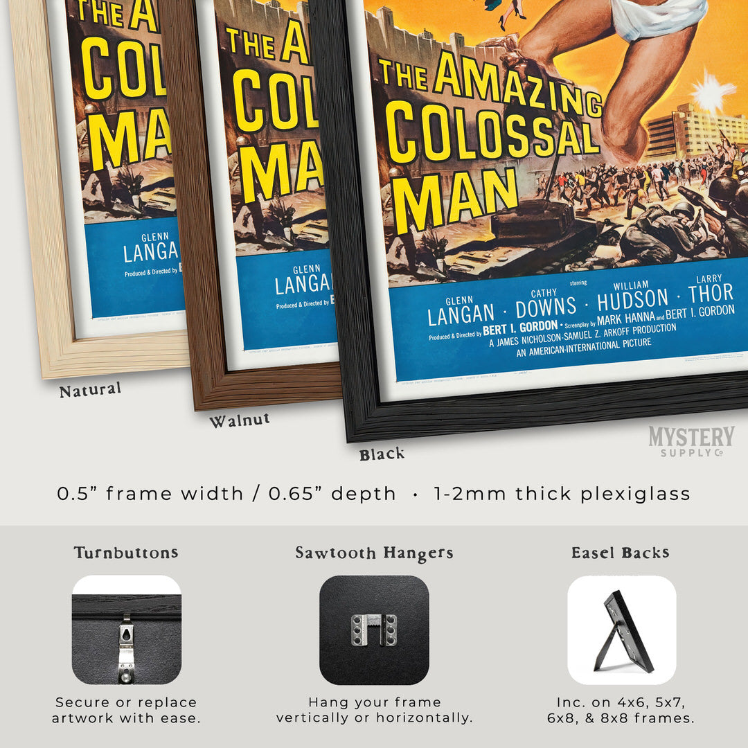 Framed posters of 'The Amazing Colossal Man' with different frame options displayed. From Mystery Supply Co. @mysterysupplyco