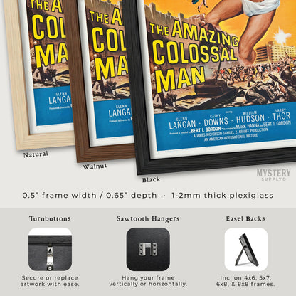 Framed posters of 'The Amazing Colossal Man' with different frame options displayed. From Mystery Supply Co. @mysterysupplyco