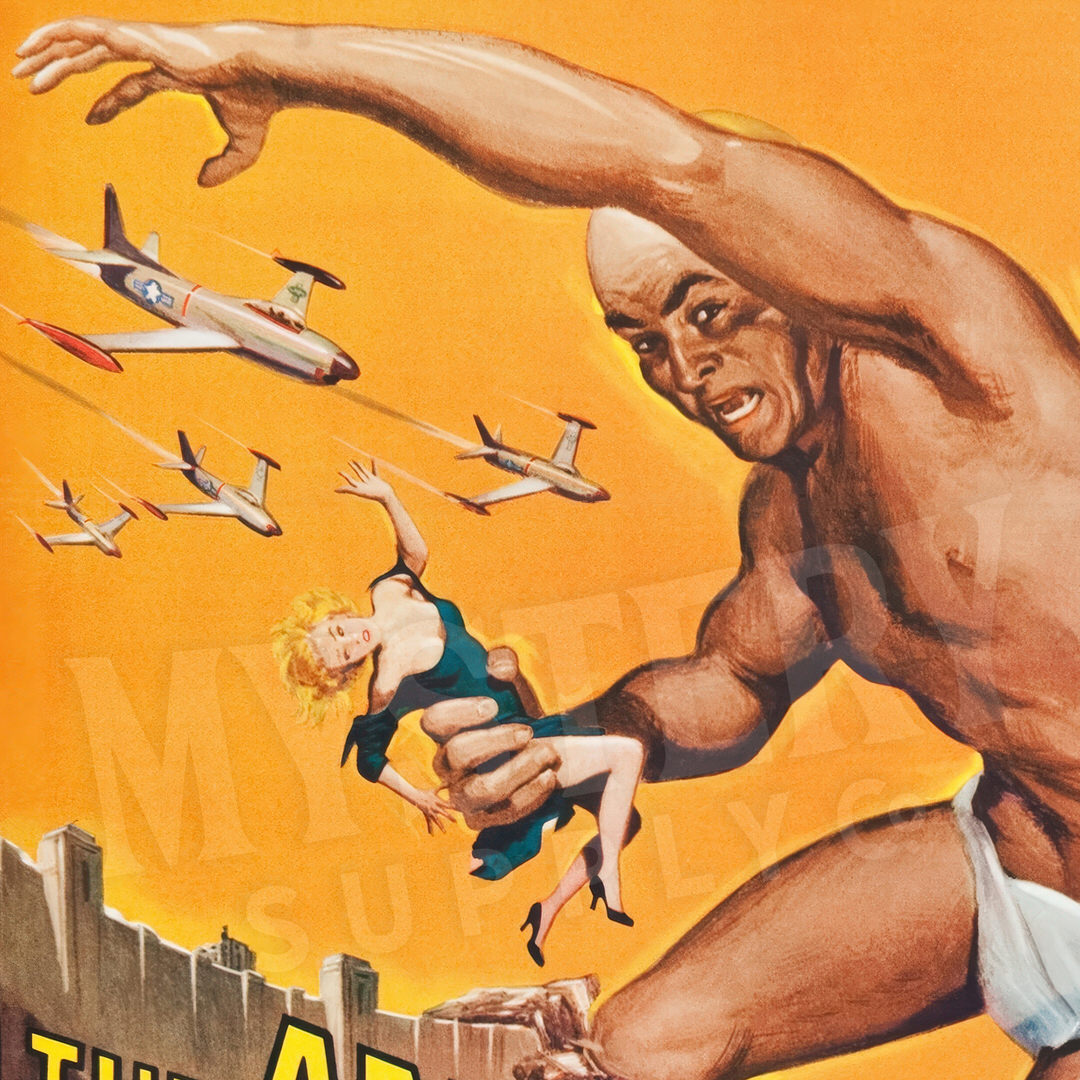 Vintage-style illustration with a large figure holding a woman, airplanes, and text on an orange background. The Amazing Colossal Man 1957 Sci-Fi Horror Movie Art Print wall decor art print from Mystery Supply Co. @mysterysupplyco
