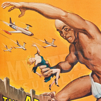 Vintage-style illustration with a large figure holding a woman, airplanes, and text on an orange background. The Amazing Colossal Man 1957 Sci-Fi Horror Movie Art Print wall decor art print from Mystery Supply Co. @mysterysupplyco