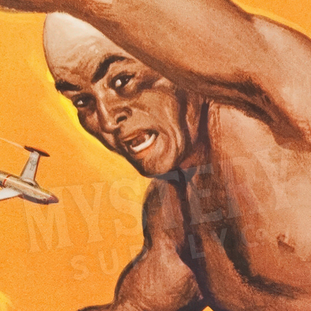 Vintage-style illustration of a muscular man with a plane on an orange background. The Amazing Colossal Man 1957 Sci-Fi Horror Movie Art Print wall decor art print from Mystery Supply Co. @mysterysupplyco
