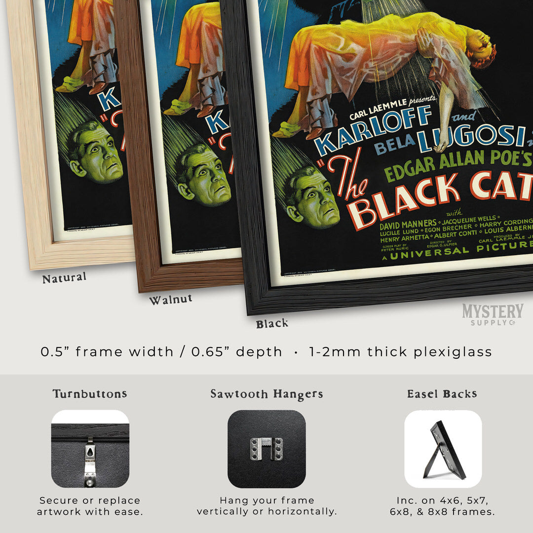 Framed movie poster of 'The Black Cat' with color options and frame details. The Black Cat 1934 Vintage Horror Movie Poster wall decor art print from Mystery Supply Co. @mysterysupplyco