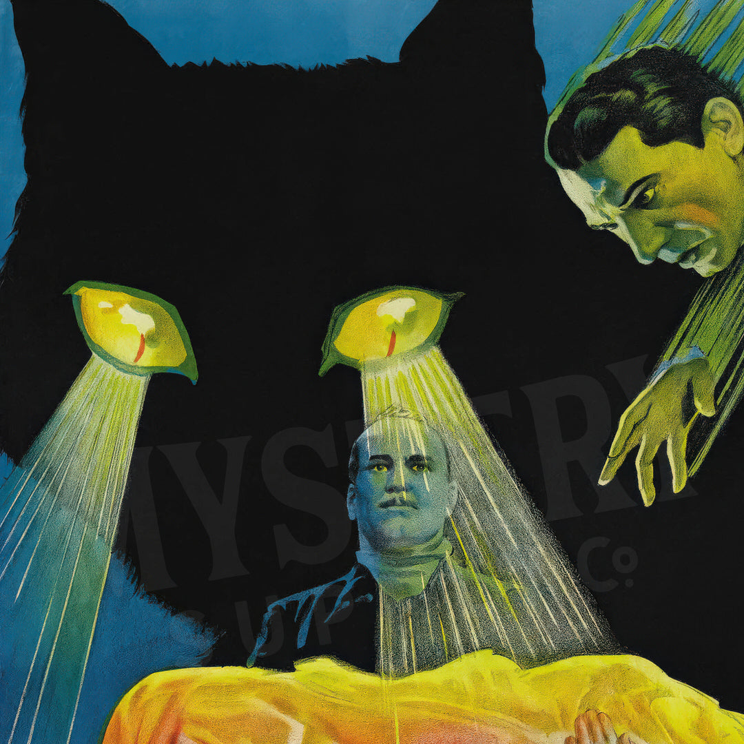 Surreal artwork with a black cat, glowing eyes, and a figure with a yellow robe. The Black Cat 1934 Vintage Horror Movie Poster wall decor art print from Mystery Supply Co. @mysterysupplyco