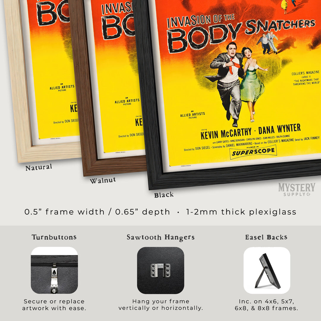 Movie poster frames in natural, walnut, and black with 'Invasion of the Body Snatchers' poster. From Mystery Supply Co. @mysterysupplyco