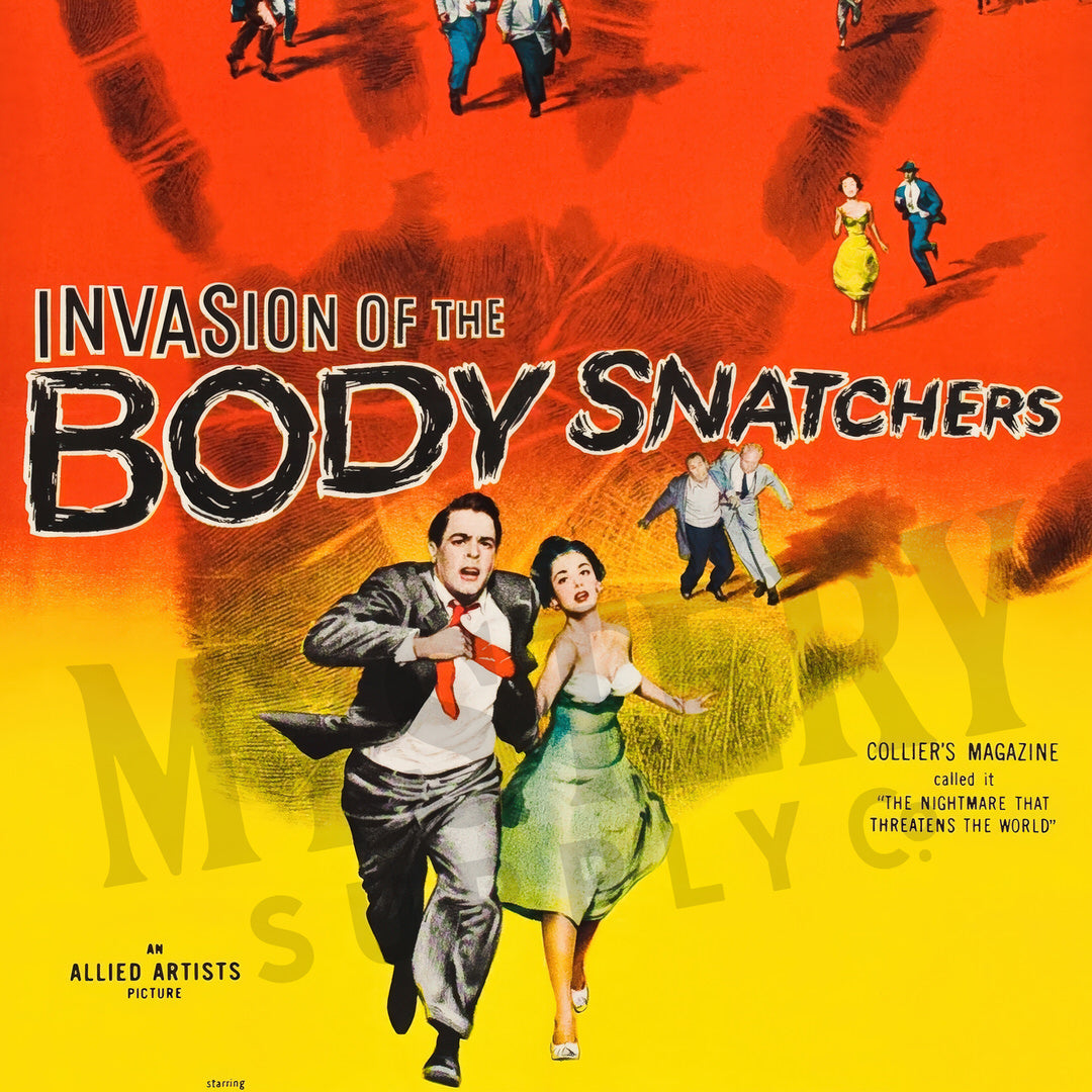 Vintage movie poster for 'Invasion of the Body Snatchers' with a couple running and text. From Mystery Supply Co. @mysterysupplyco