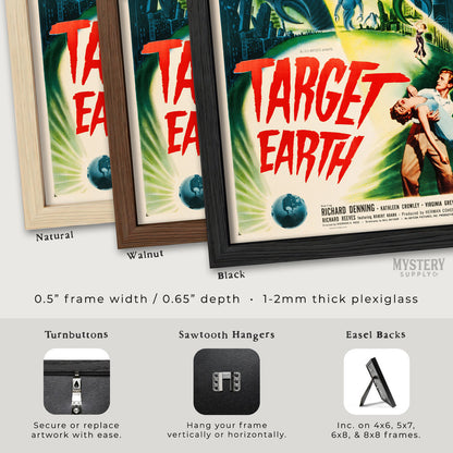 Vintage movie poster with 'Target Earth' title, framed in different colors on a white background. From Mystery Supply Co. @mysterysupplyco