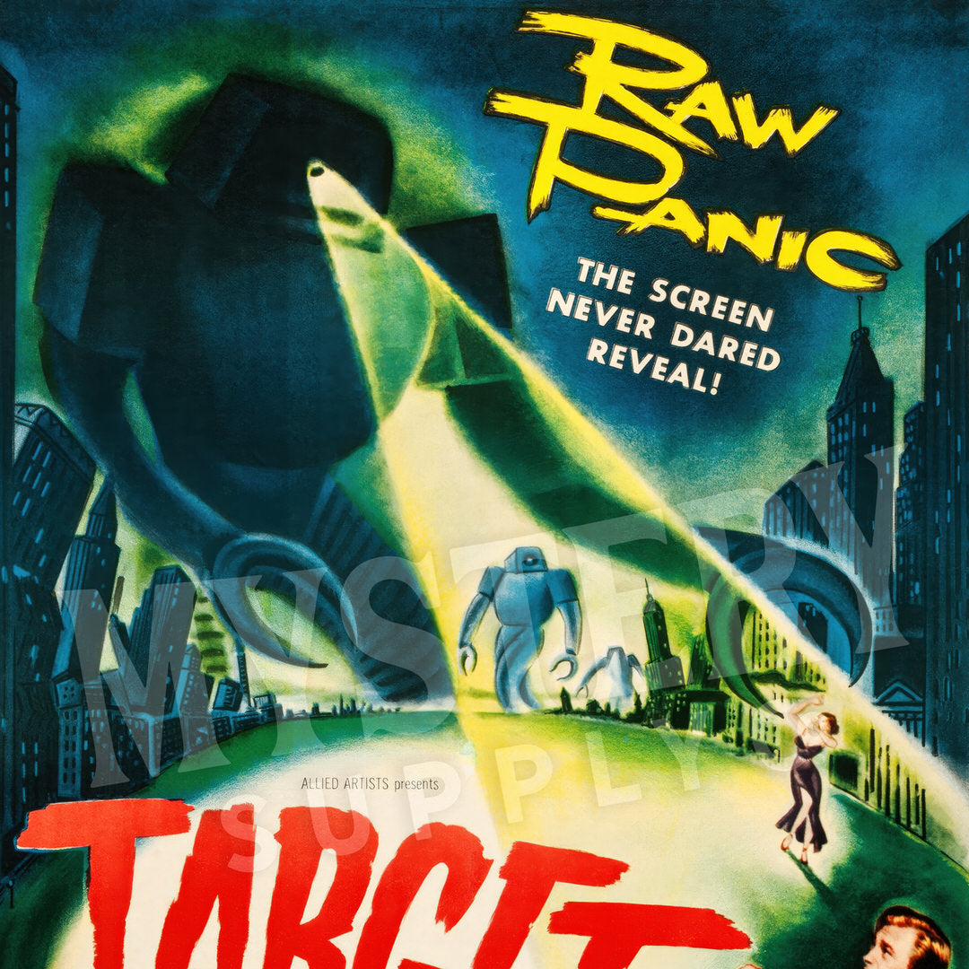 Vintage-style movie poster with a robot and cityscape, featuring the text 'Raw Panic' and 'The Screen Never Dared Reveal'. Target Earth Sci-Fi Horror Movie Poster 1954 wall decor art print from Mystery Supply Co. @mysterysupplyco