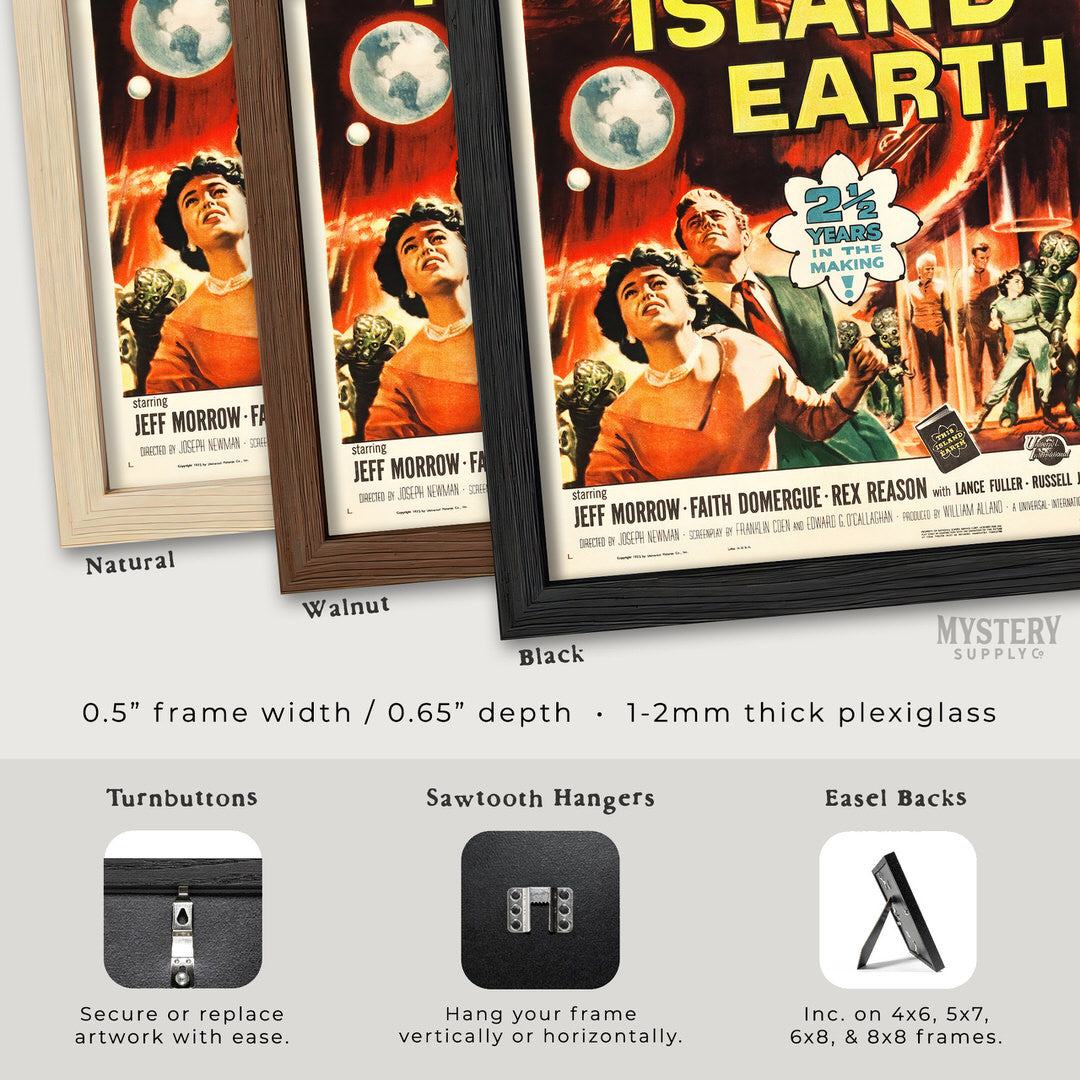 Vintage-style movie posters with different frame options displayed. This Island Earth Sci-Fi Movie Poster 1955 wall decor art print from Mystery Supply Co. @mysterysupplyco