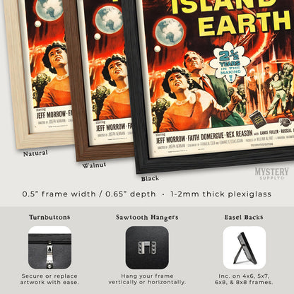 Vintage-style movie posters with different frame options displayed. This Island Earth Sci-Fi Movie Poster 1955 wall decor art print from Mystery Supply Co. @mysterysupplyco