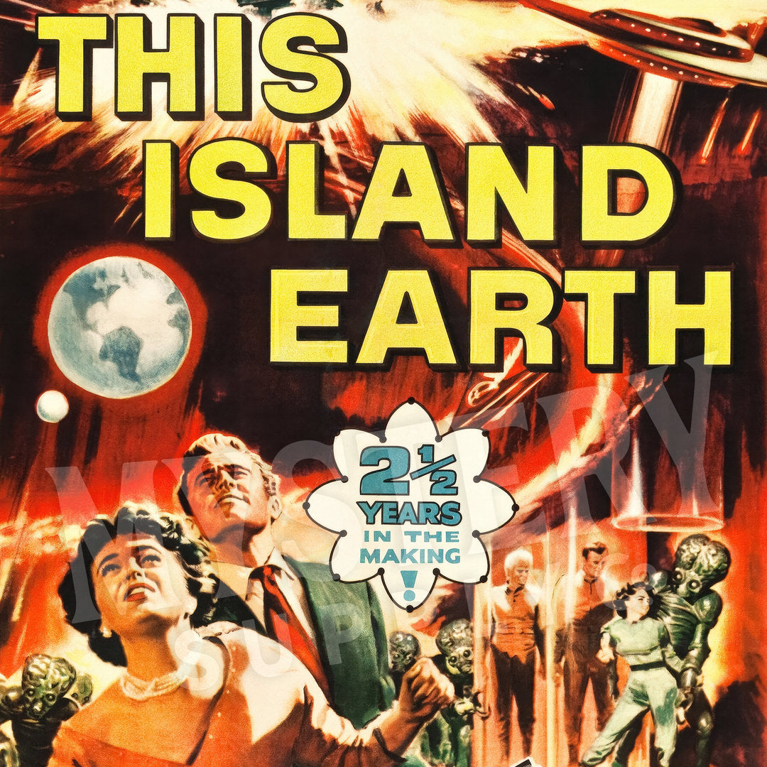 Vintage movie poster for 'This Island Earth' with text and characters from the film. From Mystery Supply Co. @mysterysupplyco