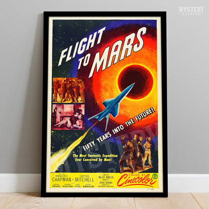 Vintage-style 'Flight to Mars' poster with space ship and rocket on a gray wall. Flight to Mars Sci-Fi Movie Poster 1951 wall decor art print from Mystery Supply Co. @mysterysupplyco