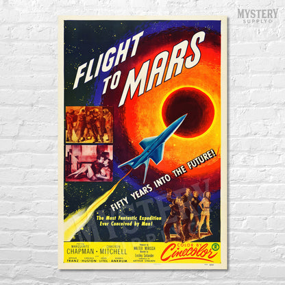 Vintage-style movie poster for 'Flight to Mars' with space-themed design on a white brick wall. From Mystery Supply Co. @mysterysupplyco