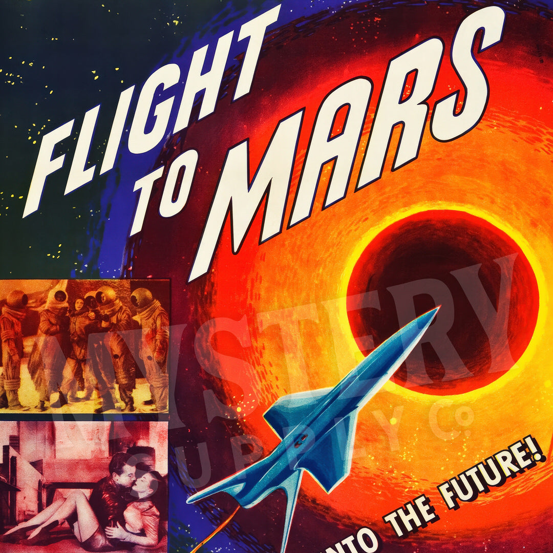 Vintage-style poster with 'Flight to Mars' text, rocket ship, and people in front of a red planet. Flight to Mars Sci-Fi Movie Poster 1951 wall decor art print from Mystery Supply Co. @mysterysupplyco
