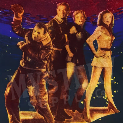 Four people in vintage space-themed outfits against a starry space background. Flight to Mars Sci-Fi Movie Poster 1951 wall decor art print from Mystery Supply Co. @mysterysupplyco