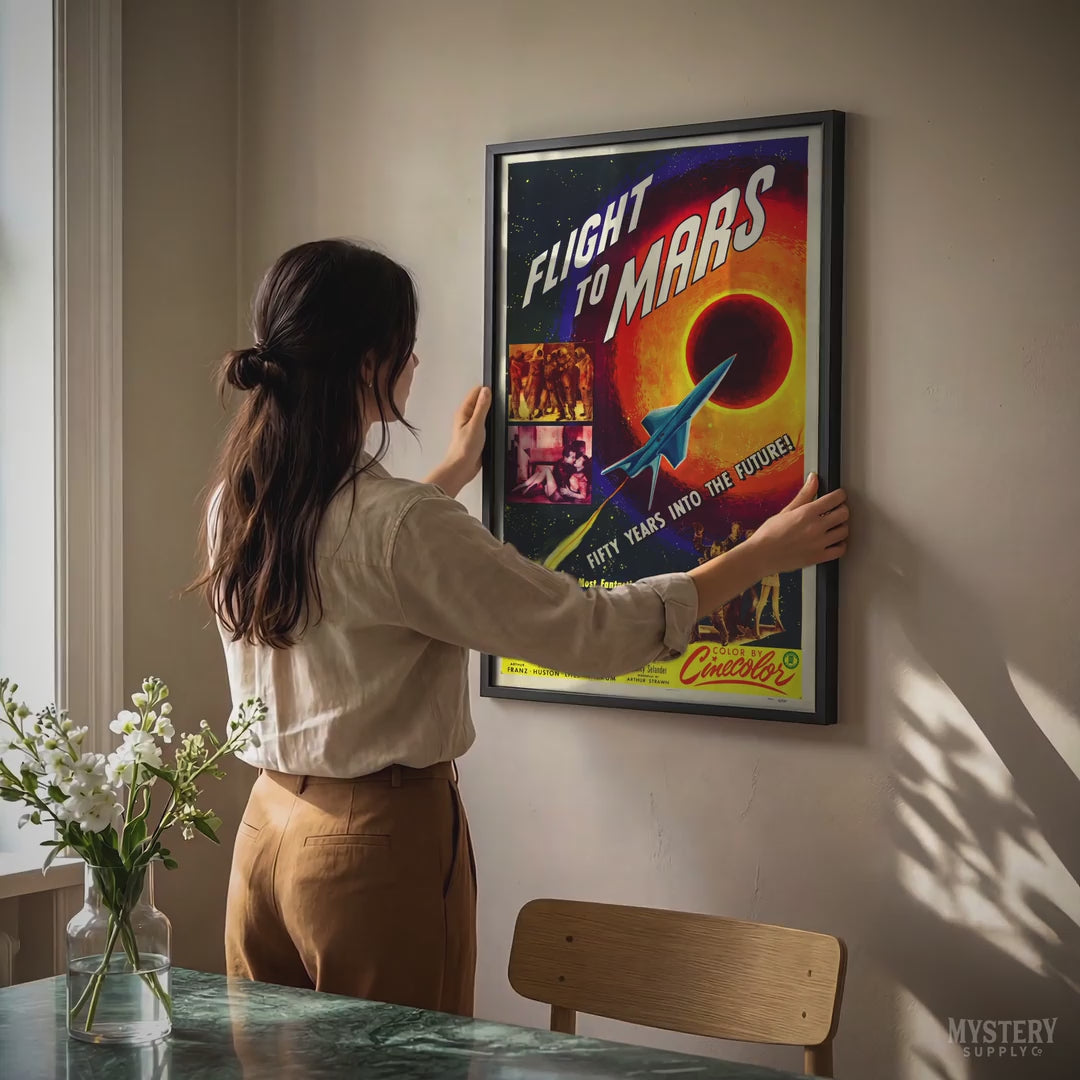 Vintage-style 'Flight to Mars' poster with space ship and rocket on a gray wall. Flight to Mars Sci-Fi Movie Poster 1951 wall decor art print from Mystery Supply Co. @mysterysupplyco