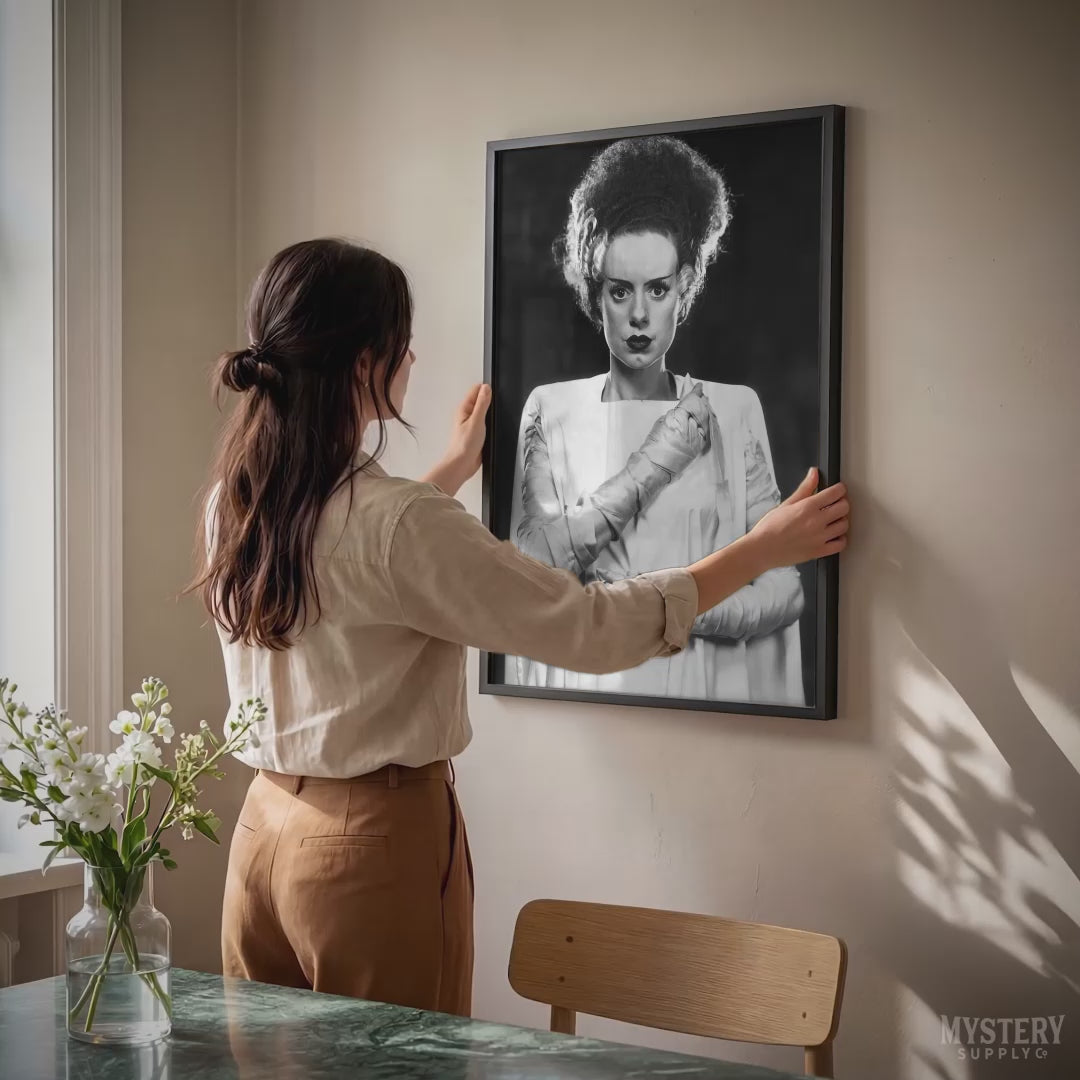 Bride of Frankenstein 1935 Vintage Horror Movie Monster Black and White Photo Portrait reproduction from Mystery Supply Co. @mysterysupplyco