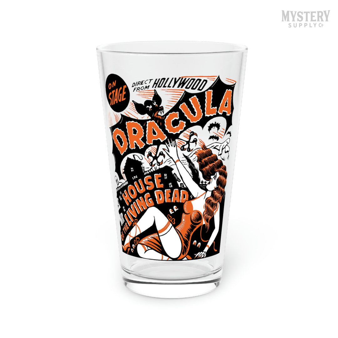 Dracula House of the Living Dead horror haunted house vampire bat 16oz pint glass from Mystery Supply Co. @mysterysupplyco