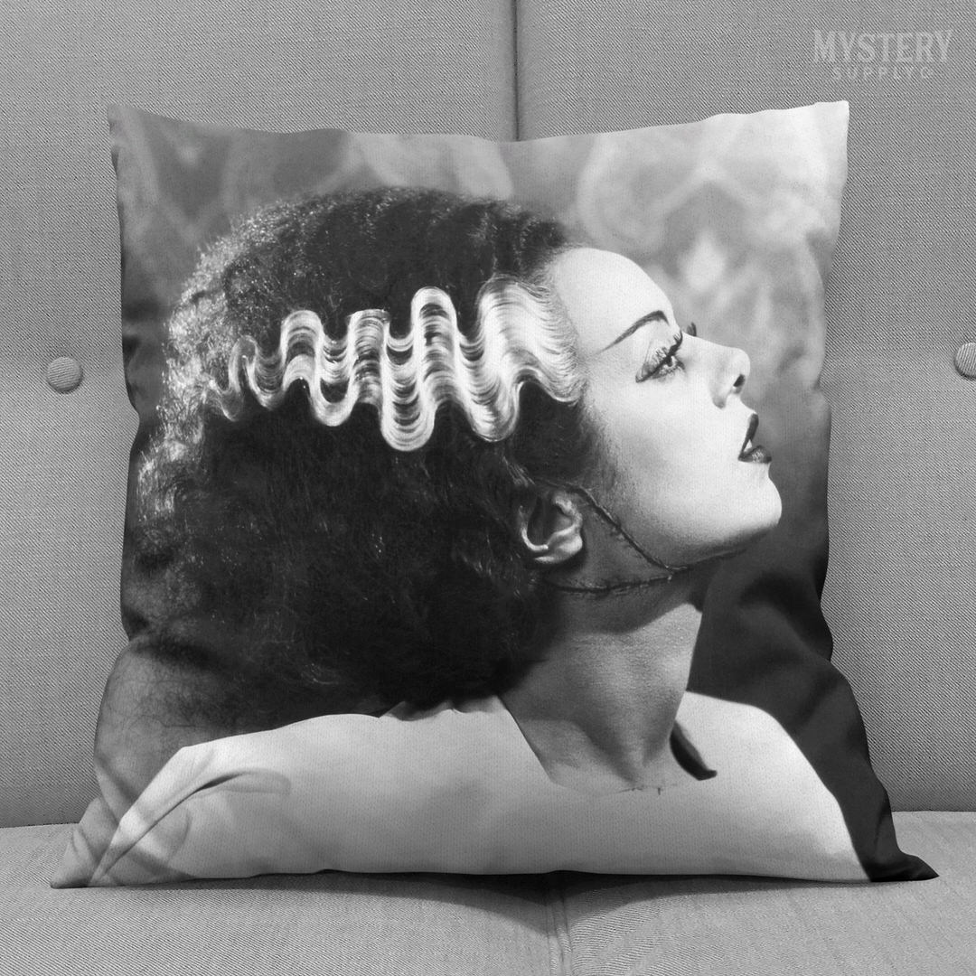 Bride of Frankenstein vintage horror Universal Monster photo double sided square decorative throw pillow room decor from Mystery Supply Co. @mysterysupplyco