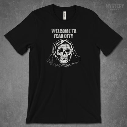 Welcome to Fear City 1970s NYC New York City crime skull black Mens Womens Unisex T Shirt from Mystery Supply Co. @mysterysupplyco