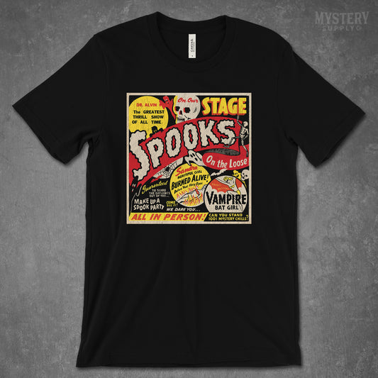 Spooks on the Loose Ghost Show 1950s vintage horror monster skull skeleton shock show Mens Womens Unisex T-Shirt from Mystery Supply Co. @mysterysupplyco