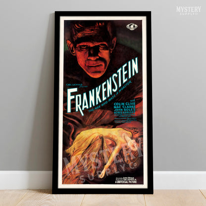 Frankenstein 1931 vintage Boris Karloff horror monster movie poster reproduction from Mystery Supply Co. @mysterysupplyco