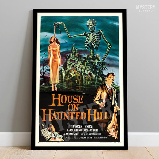 House on Haunted Hill 1959 vintage horror skeleton Vincent Price movie poster reproduction from Mystery Supply Co. @mysterysupplyco