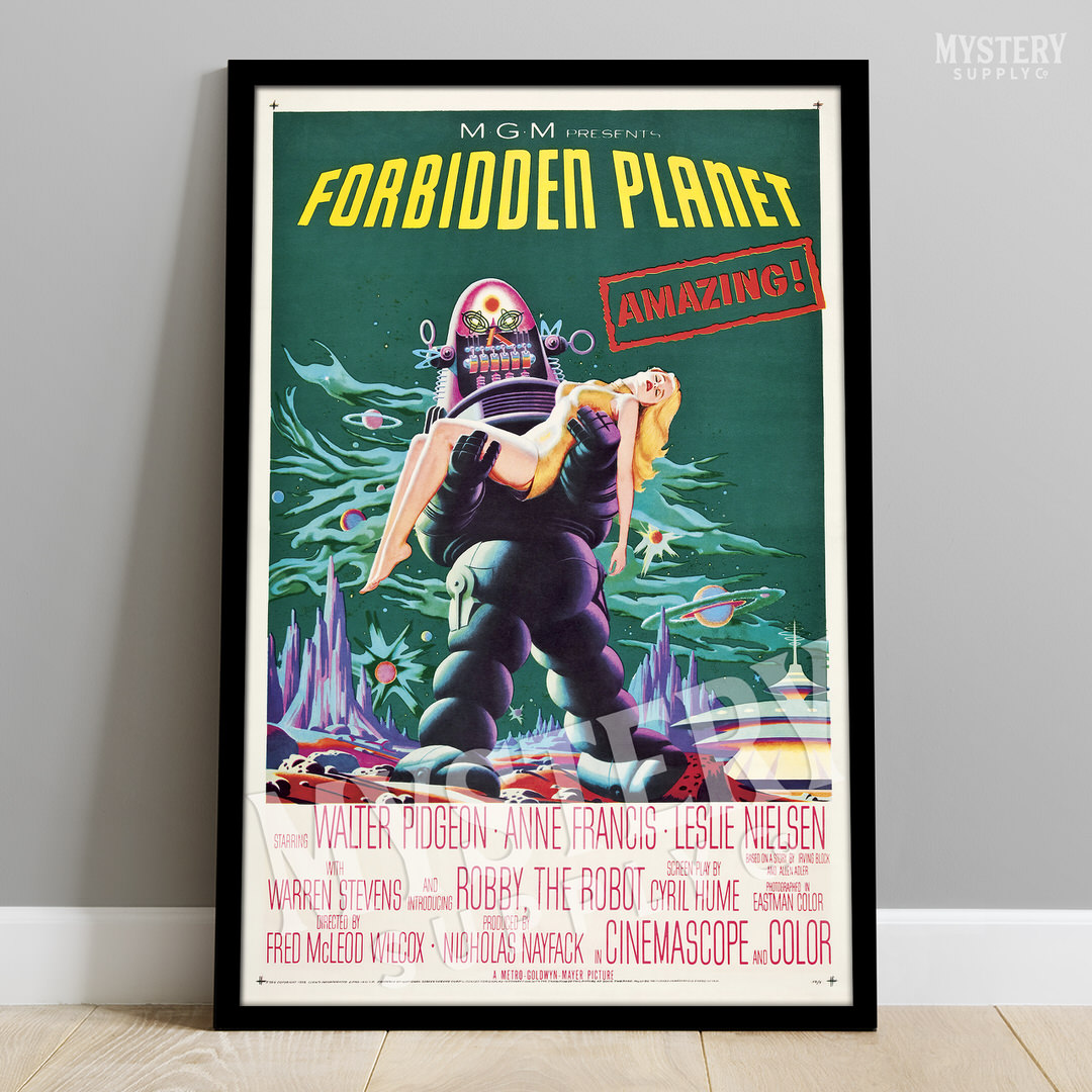 Forbidden Planet 1956 vintage science fiction robot UFO flying saucer space movie poster reproduction from Mystery Supply Co. @mysterysupplyco